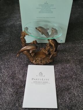 PartyLite Bronze Dolphin Aroma Warmer with Glass Dish